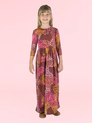 Girls Fall Print Three Quarter Sleeve Pleated Maxi Dress