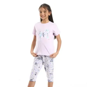 Girls Floral Butterfly Tee & Slip On Pants Pajama Set - Kashmir & White