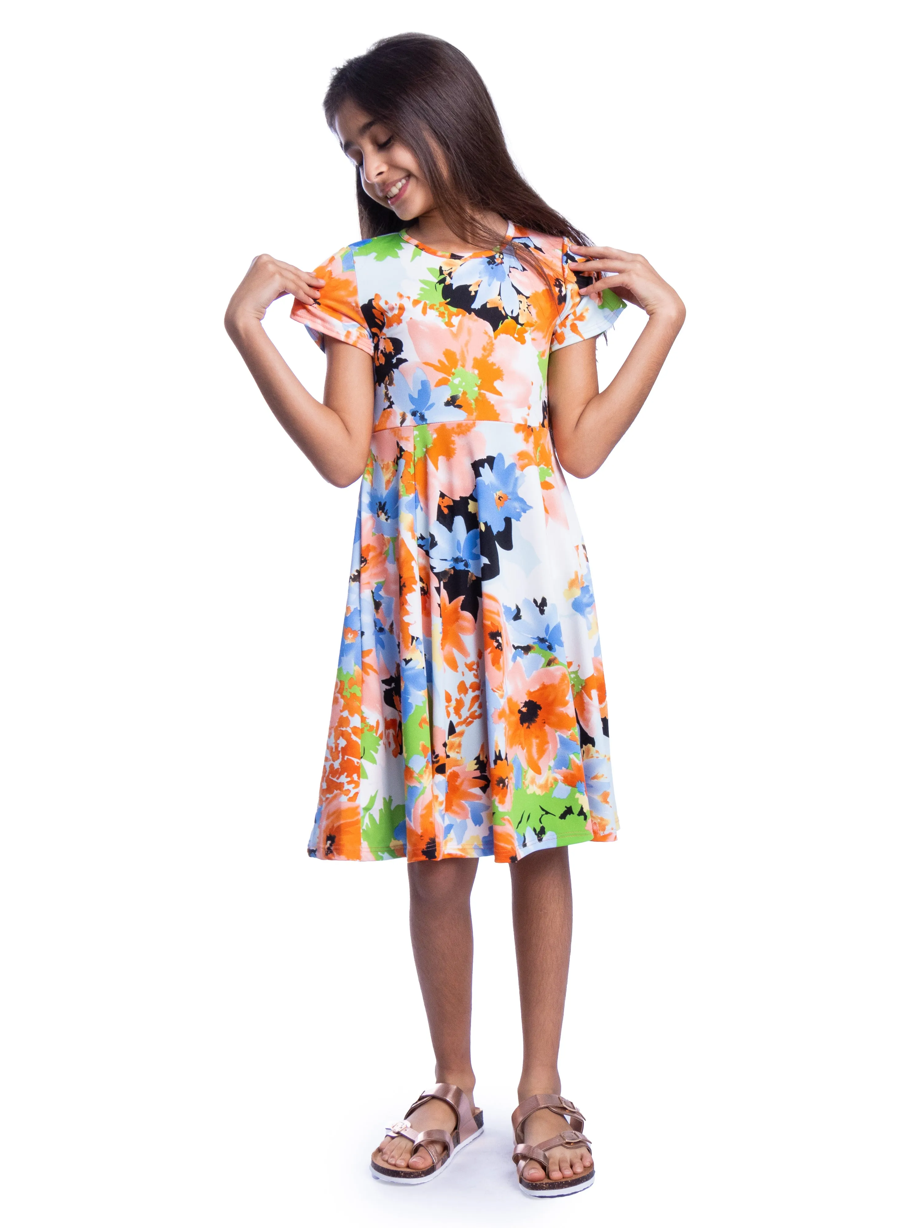 Girls Floral Print Knee Length Short Sleeve Flowy Dress