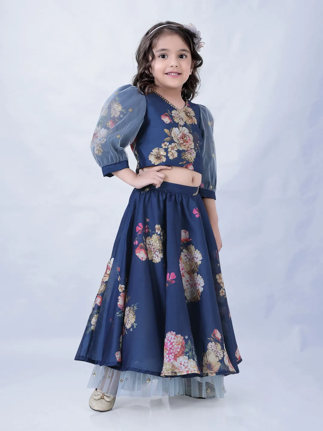 Girl's Floral Print Umbrella Ghaghra With Mesh Detailing With Hand Embroidered Puff Sleeves Choli-Navy Blue - Lil Peacock