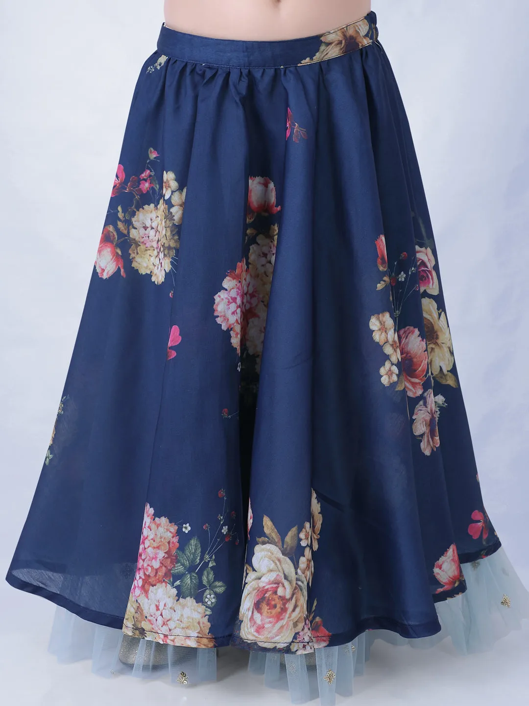 Girl's Floral Print Umbrella Ghaghra With Mesh Detailing With Hand Embroidered Puff Sleeves Choli-Navy Blue - Lil Peacock