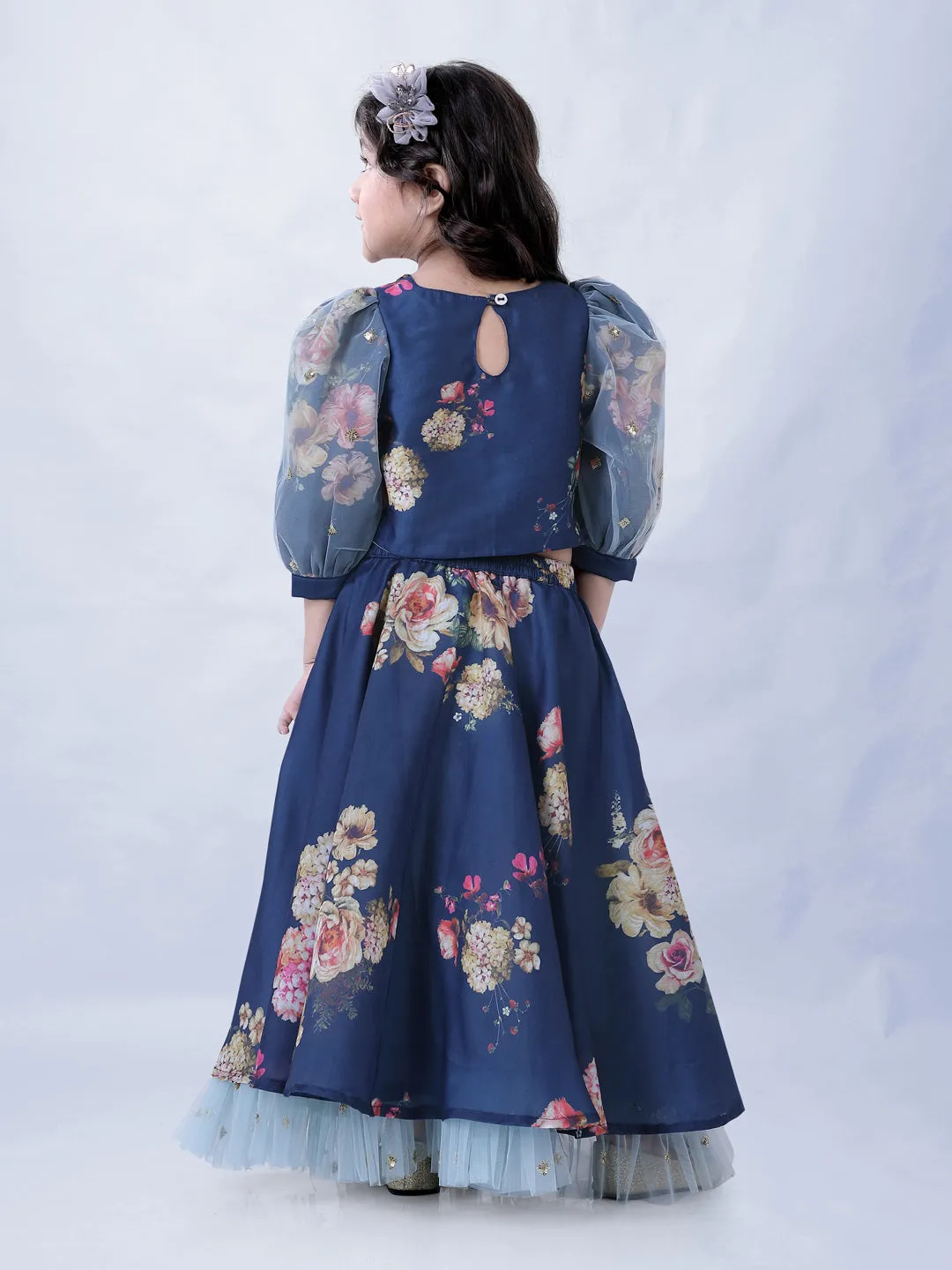 Girl's Floral Print Umbrella Ghaghra With Mesh Detailing With Hand Embroidered Puff Sleeves Choli-Navy Blue - Lil Peacock