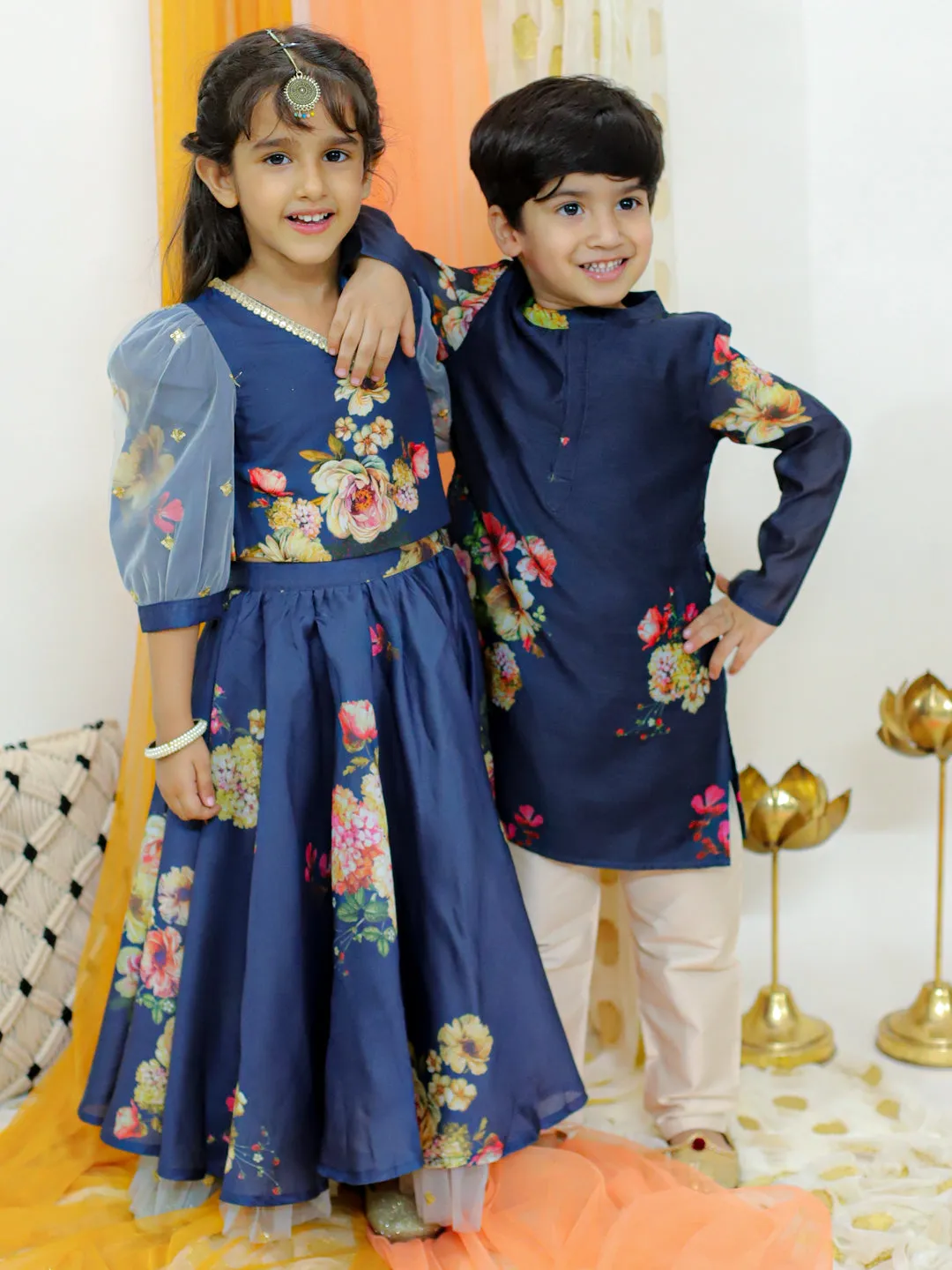 Girl's Floral Print Umbrella Ghaghra With Mesh Detailing With Hand Embroidered Puff Sleeves Choli-Navy Blue - Lil Peacock