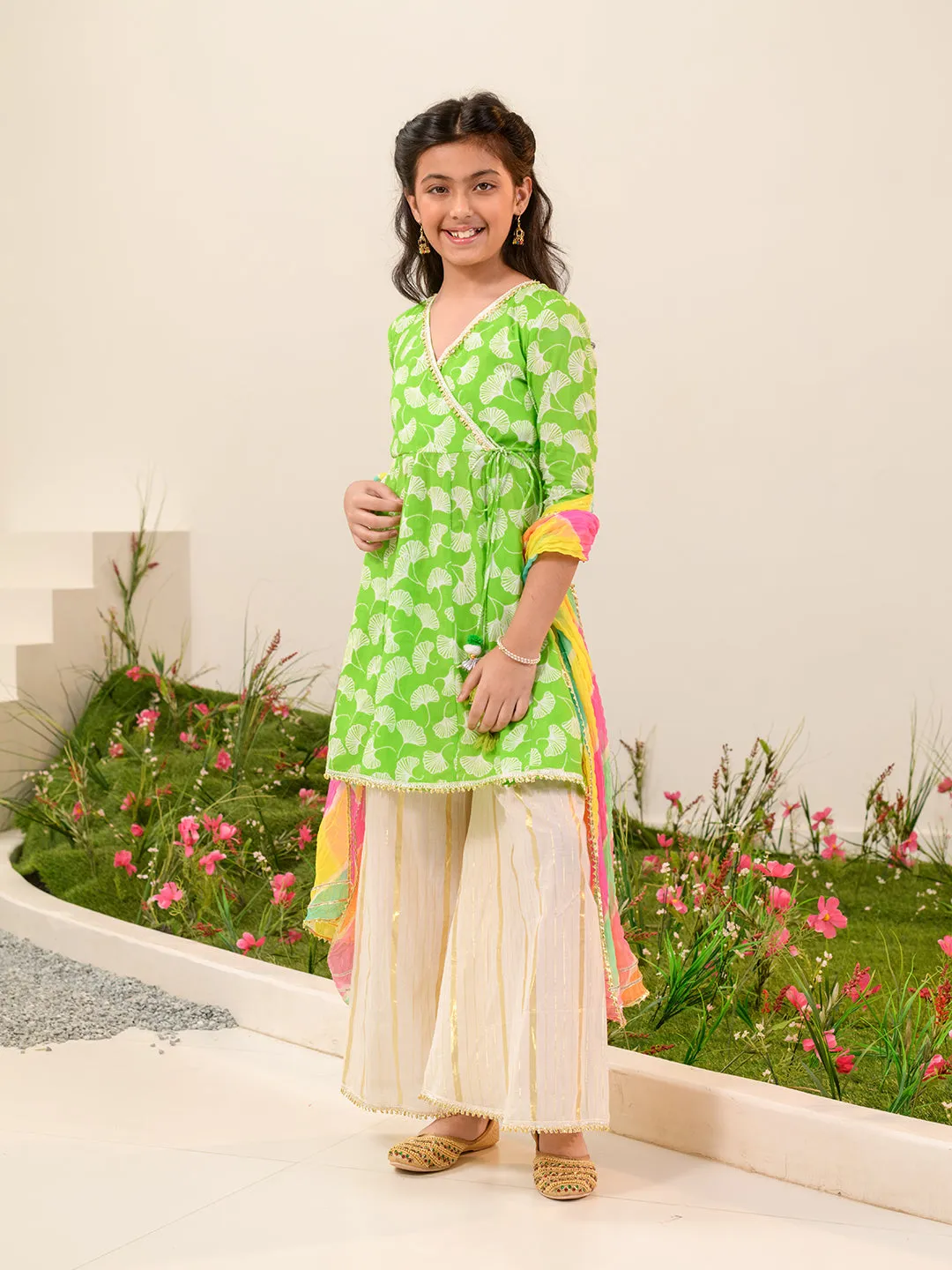 Girls Floral Printed Angrakha Gotta Patti Cotton Kurti With Sharara Dupatta - Ps Peaches