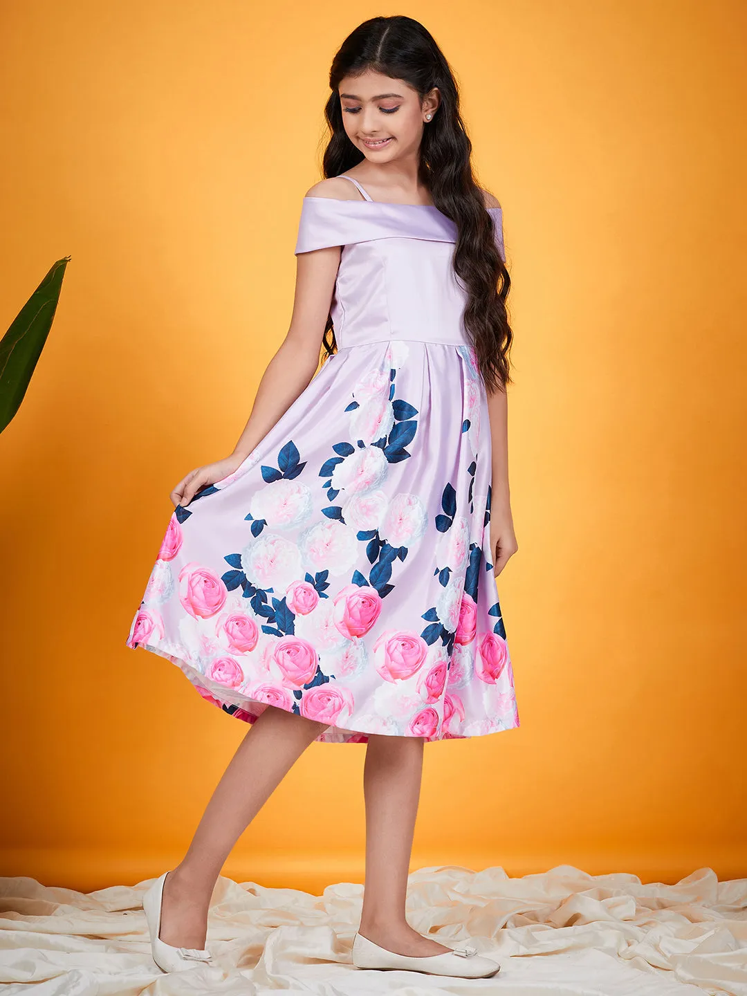 Girls Floral Printed Cold Shoulder Pleated Satin Fit Flare Dress - Ps Peaches