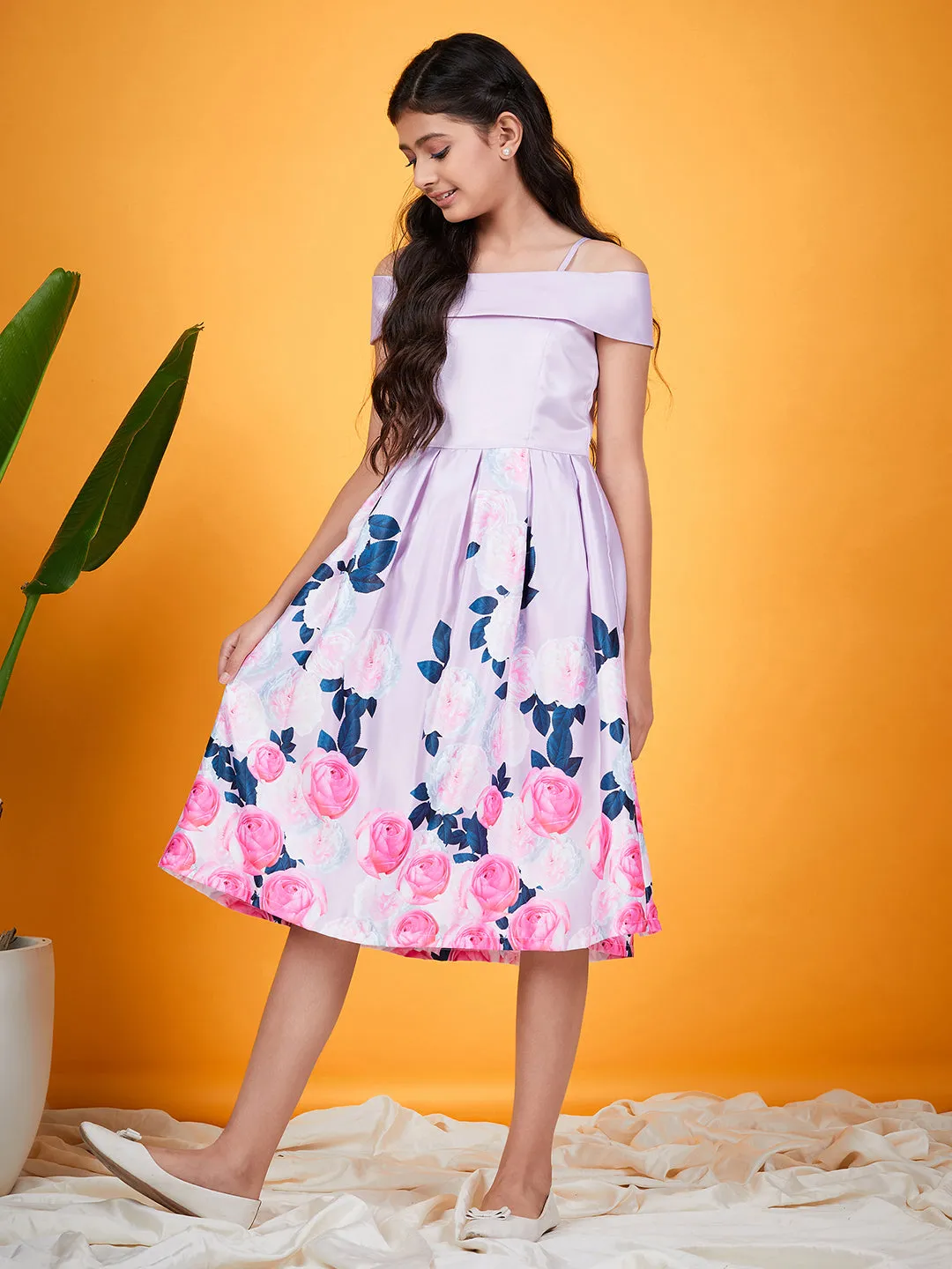 Girls Floral Printed Cold Shoulder Pleated Satin Fit Flare Dress - Ps Peaches