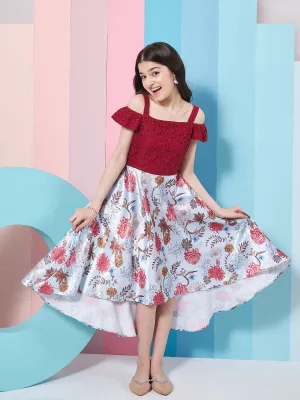 Girls Floral Printed Cold-Shoulder Satin Fit Flare Midi Dress - PS Peaches