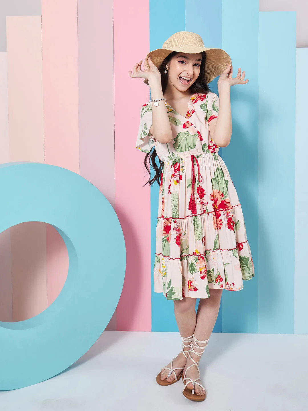 Girls Floral Printed Flared Sleeves Tiered Fit Flare Dress - PS Peaches