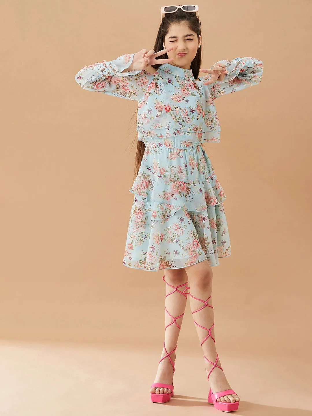 Girls Floral Printed Layered A-Line Dress - Ps Peaches