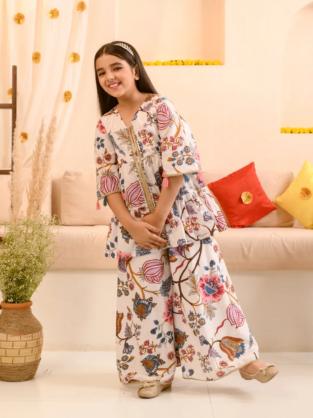 Girls Floral Printed Pure Cotton Kurta With Palazzos - Ps Peaches