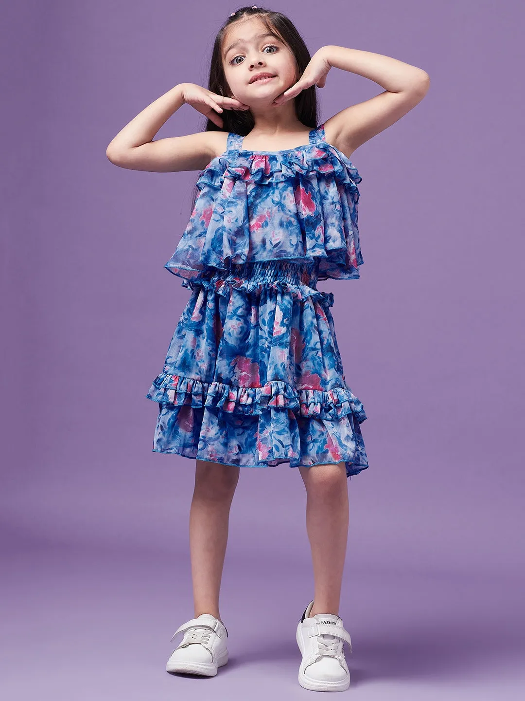 Girls Floral Printed Ruffled Chiffon Fit Flare Dress