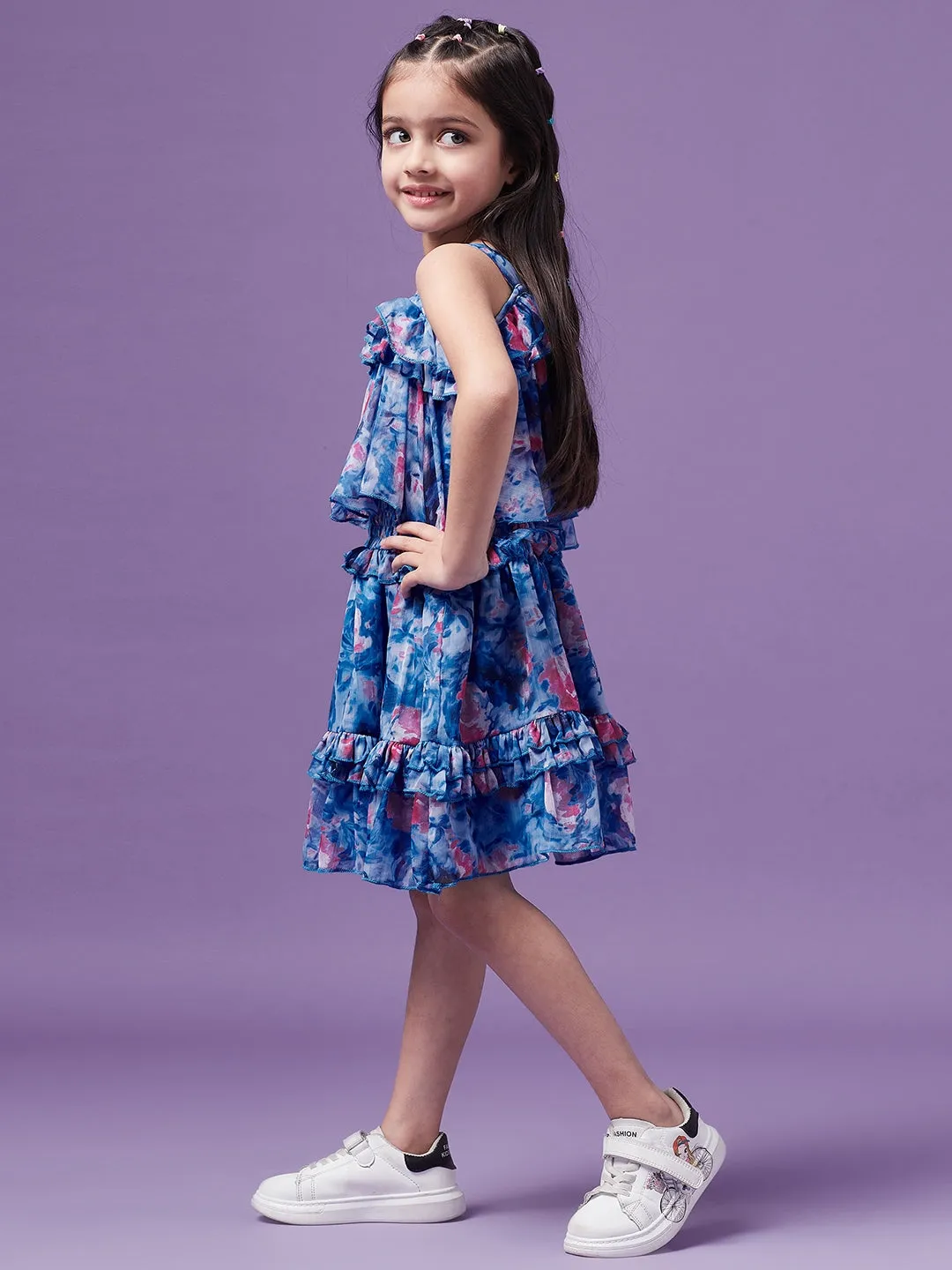 Girls Floral Printed Ruffled Chiffon Fit Flare Dress