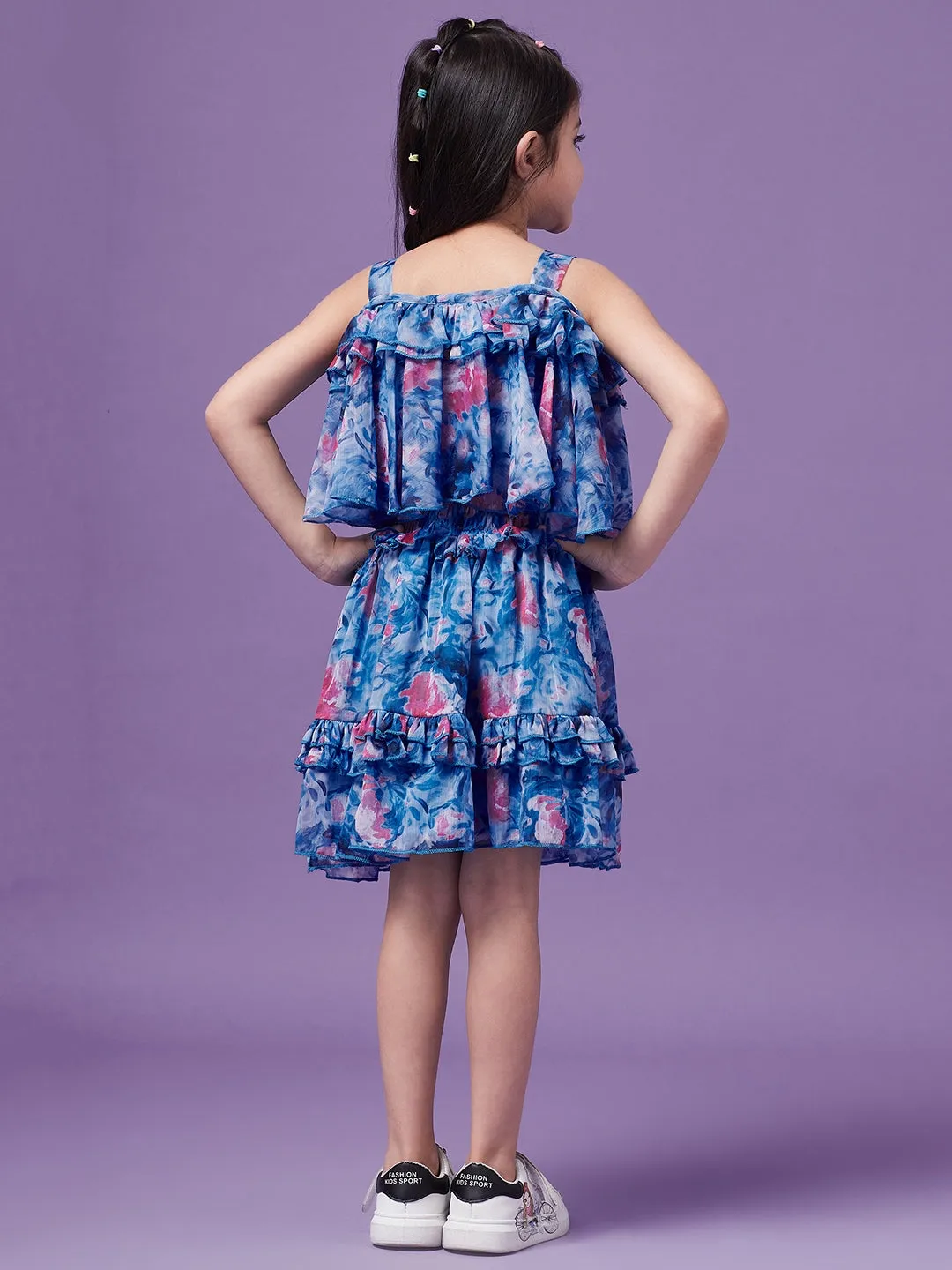 Girls Floral Printed Ruffled Chiffon Fit Flare Dress