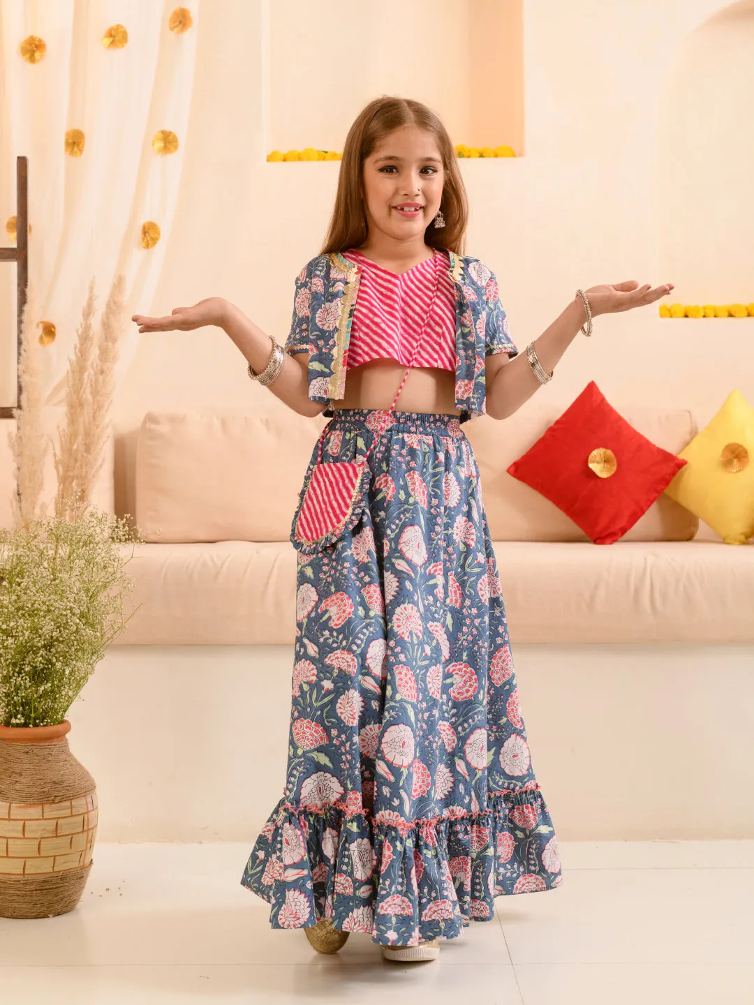 Girls Floral Printed Striped Ready To Wear Lehenga Choli With Waist Coat - Ps Peaches