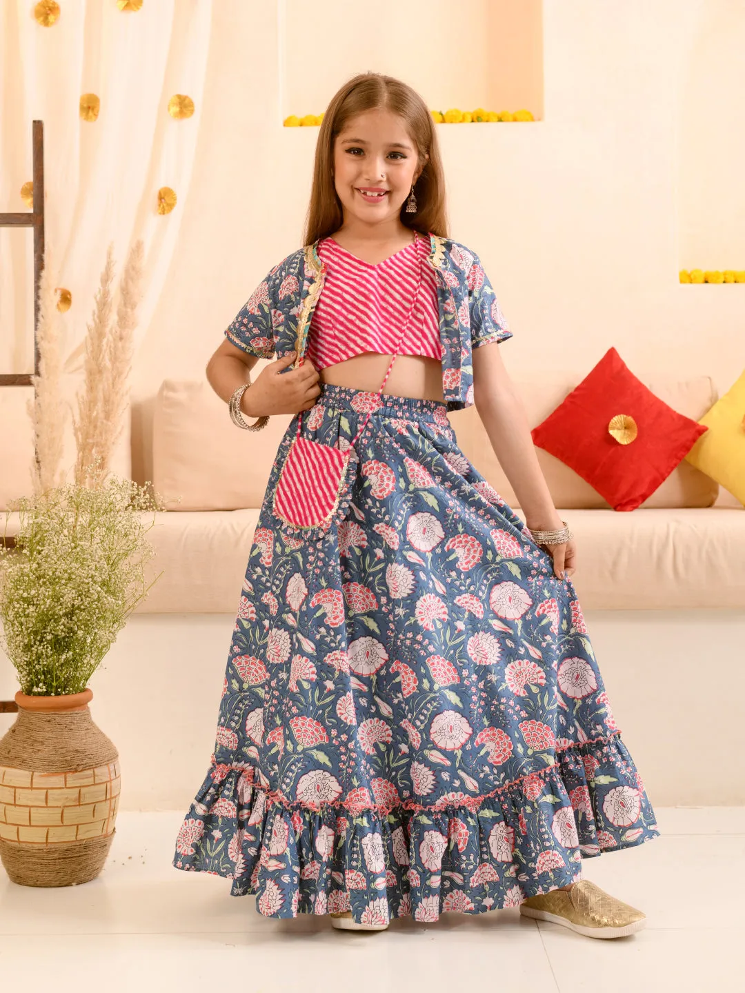 Girls Floral Printed Striped Ready To Wear Lehenga Choli With Waist Coat - Ps Peaches