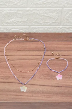 Girls Gold And Purple Embellished Necklace & Bracelet Set (2 Piece)