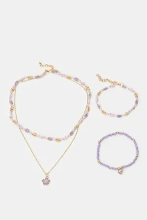 Girls Gold And Purple Embellished Necklace And Bracelet (3 Piece)