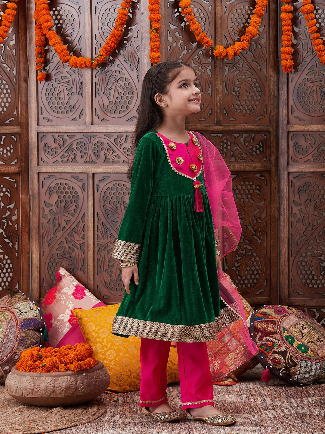 Girls Gotta Patti Detail Anarkali Velvet Kurta Trousers With Dupatta