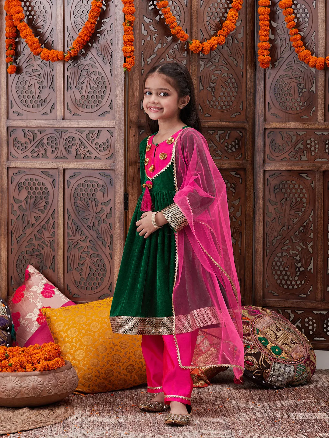 Girls Gotta Patti Detail Anarkali Velvet Kurta Trousers With Dupatta