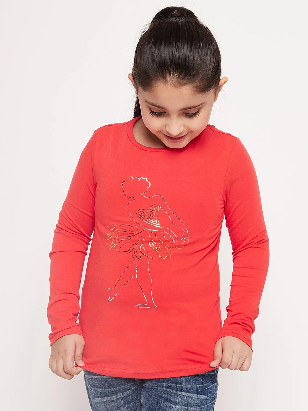 Girls Graphic Printed Long Sleeves Relaxed Fit Cotton T-Shirt - Ps Peaches