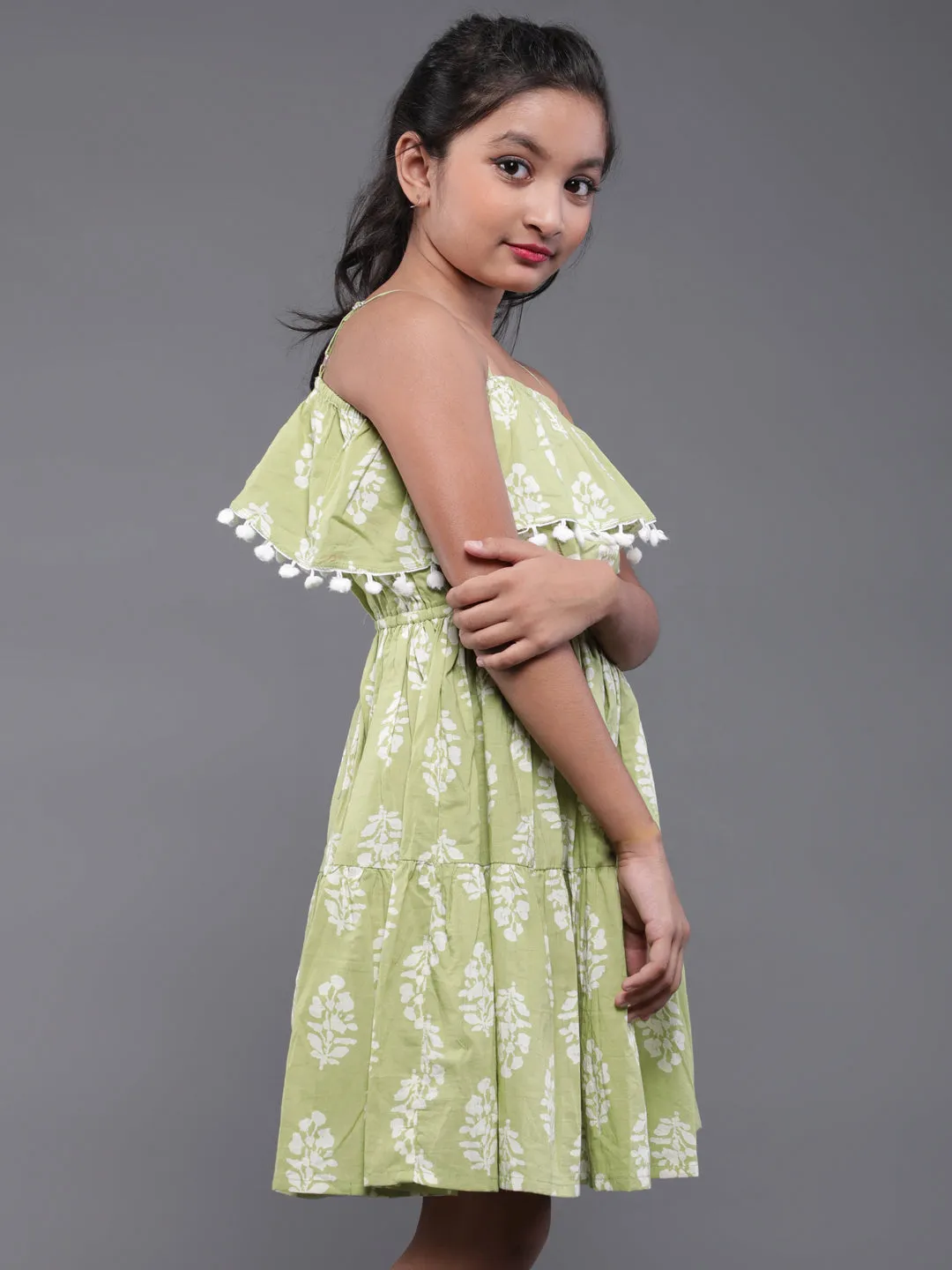 Girl's Green & White Floral Printed Short Dress With Pom-Pom Details - Aks Girls