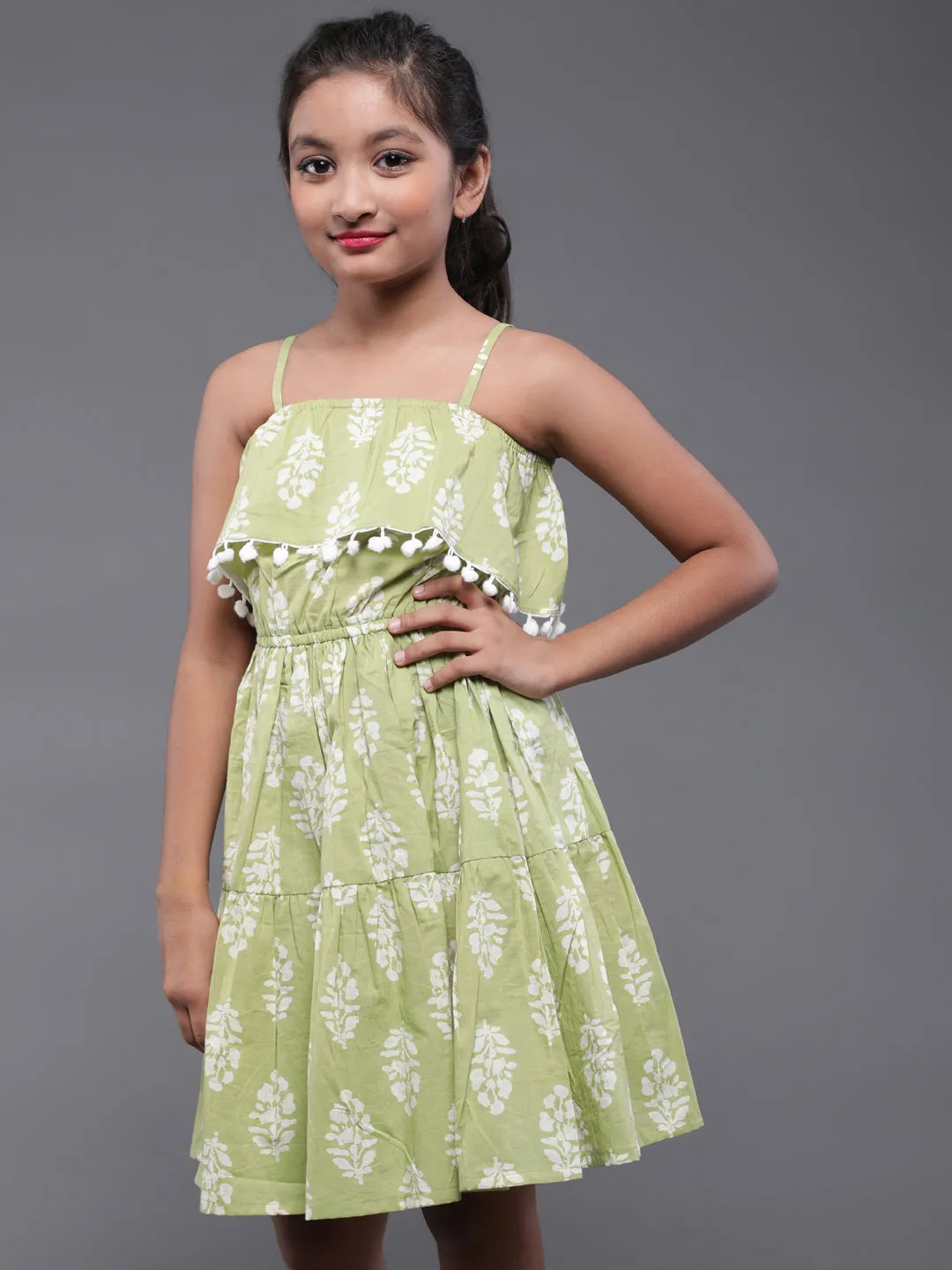 Girl's Green & White Floral Printed Short Dress With Pom-Pom Details - Aks Girls