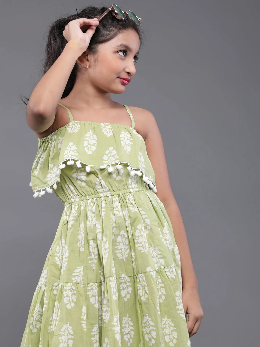 Girl's Green & White Floral Printed Short Dress With Pom-Pom Details - Aks Girls