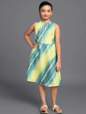 Girl's Green & Yellow Leheriya Printed Dress - Aks Girls