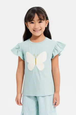 Girls Green Butterfly Embroidered T-Shirt