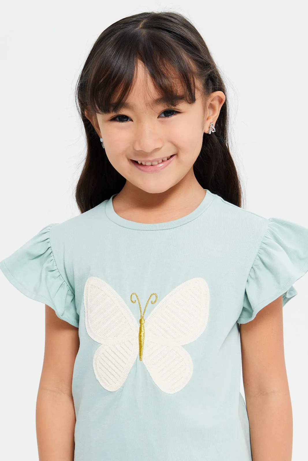 Girls Green Butterfly Embroidered T-Shirt