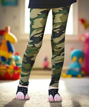 Girls Green Camouflage Leggings, Kids Yoga Pants, Sizes S/L, No-Roll Waist, Green