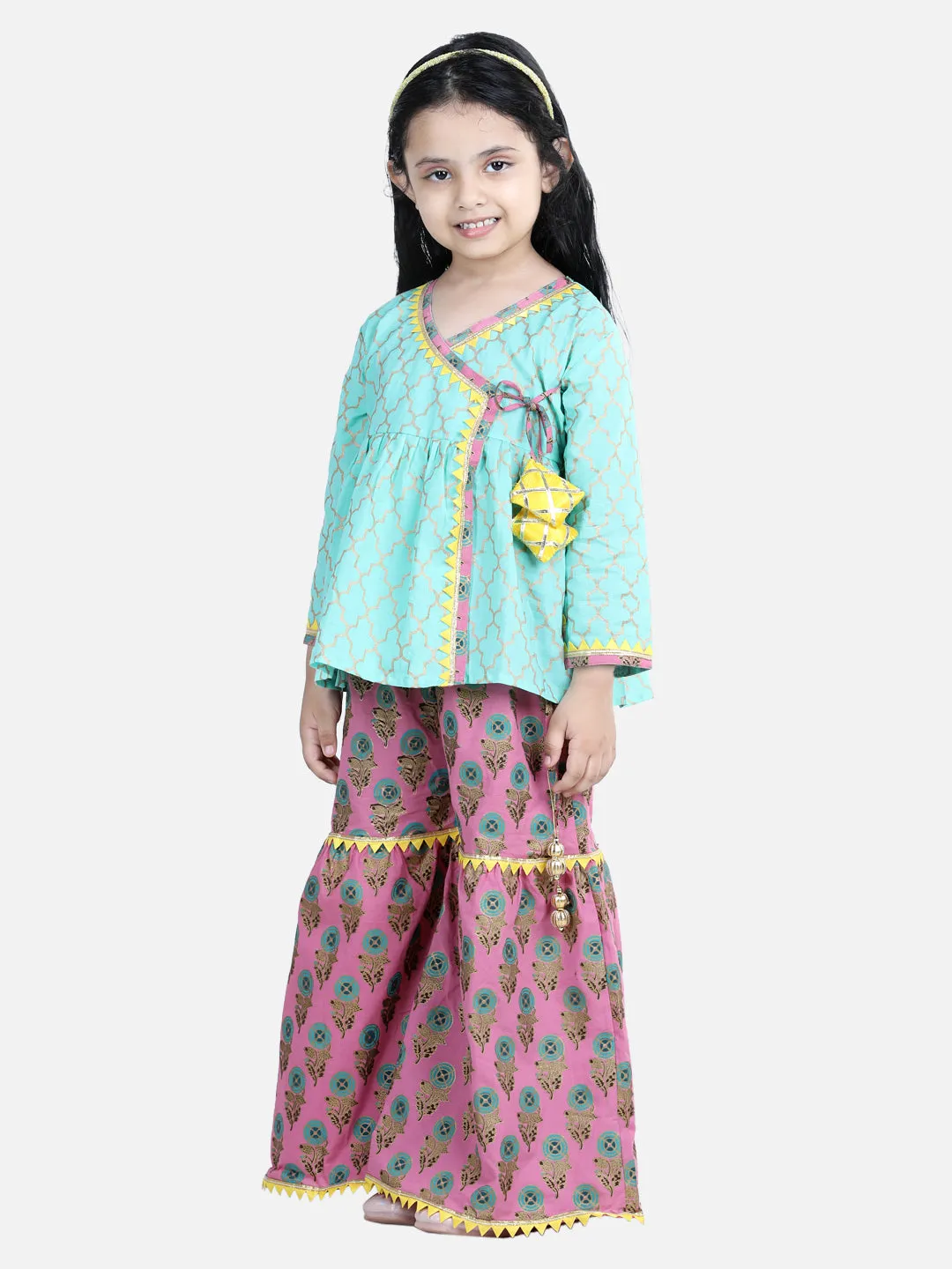 Girl's Green Color Block Print Cotton Angrakha with Sharara - NOZ2TOZ KIDS