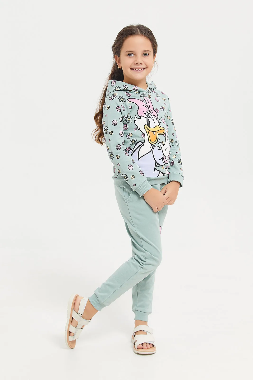 Girls Green Daisy Sage Printed Hooded Sweatshirts