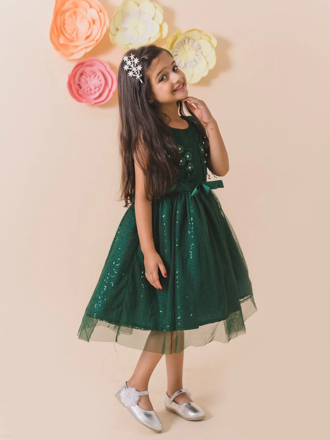 Girls Green Embellished Net Midi Dress - Ps Peaches