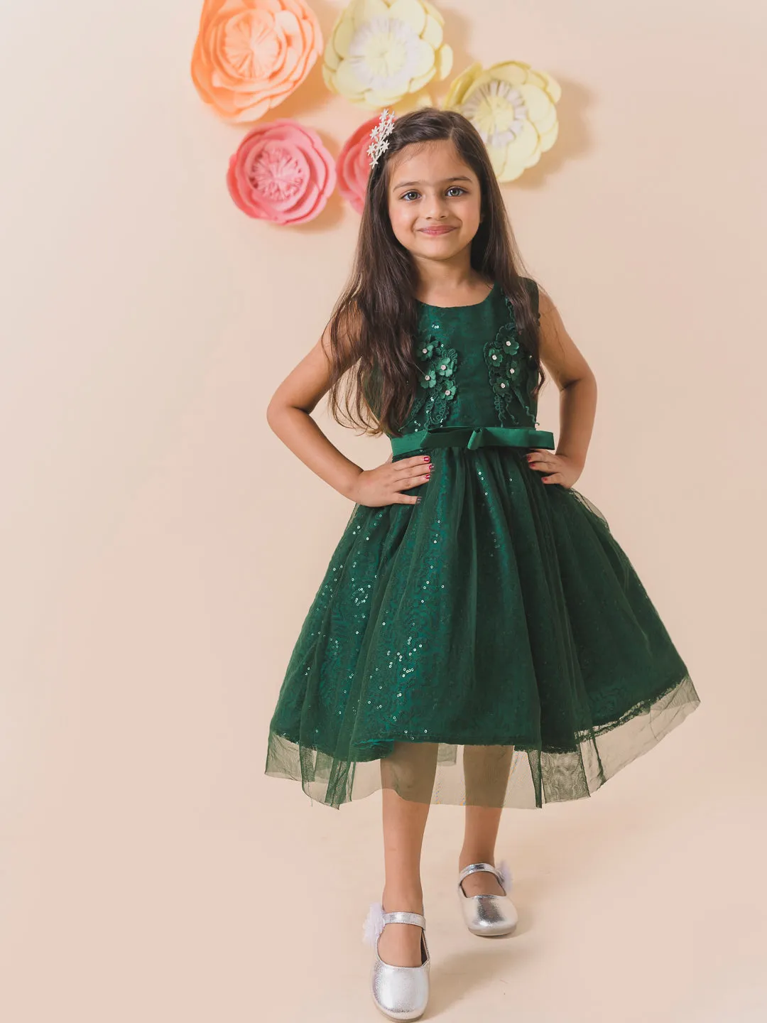 Girls Green Embellished Net Midi Dress - Ps Peaches