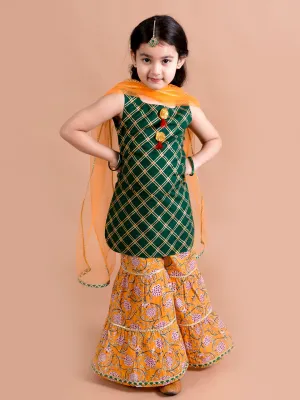 Girls Green Embroidered Pure Cotton Kurta With Sharara With Dupatta