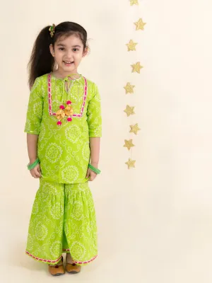 Girls Green Pink Bandhani Embroidered Pure Cotton Kurta With Sharara Dupatta - Ps Peaches