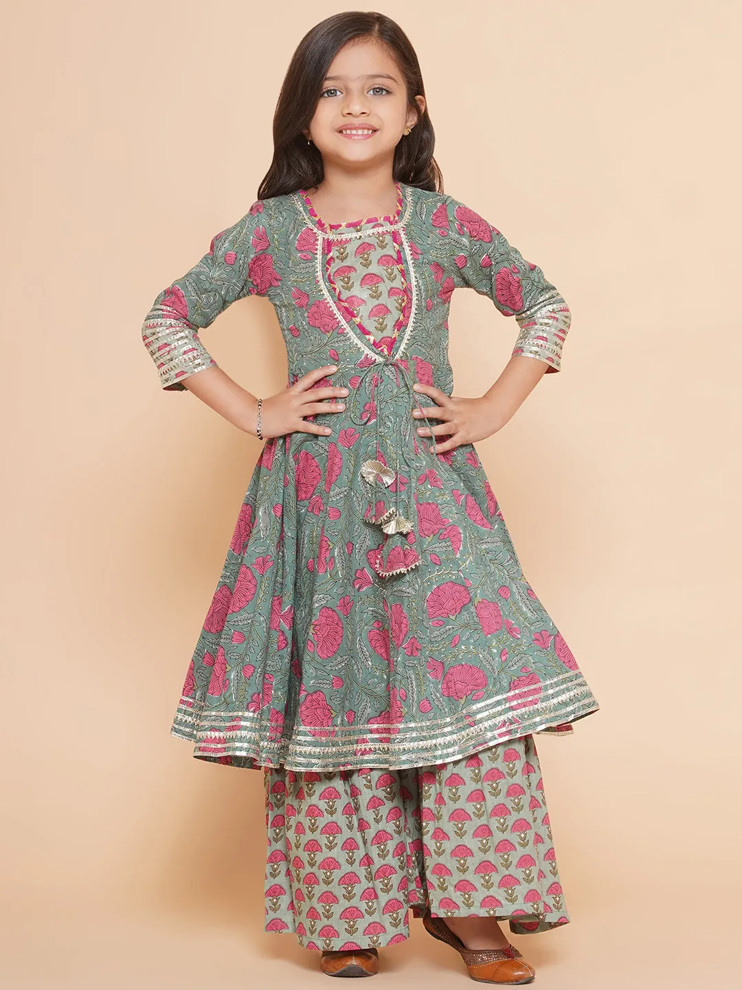 Girls Green Printed Round neck Kurta with Sharara