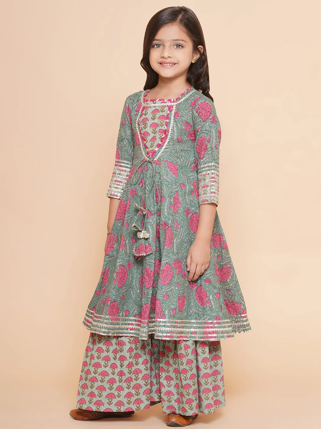 Girls Green Printed Round neck Kurta with Sharara