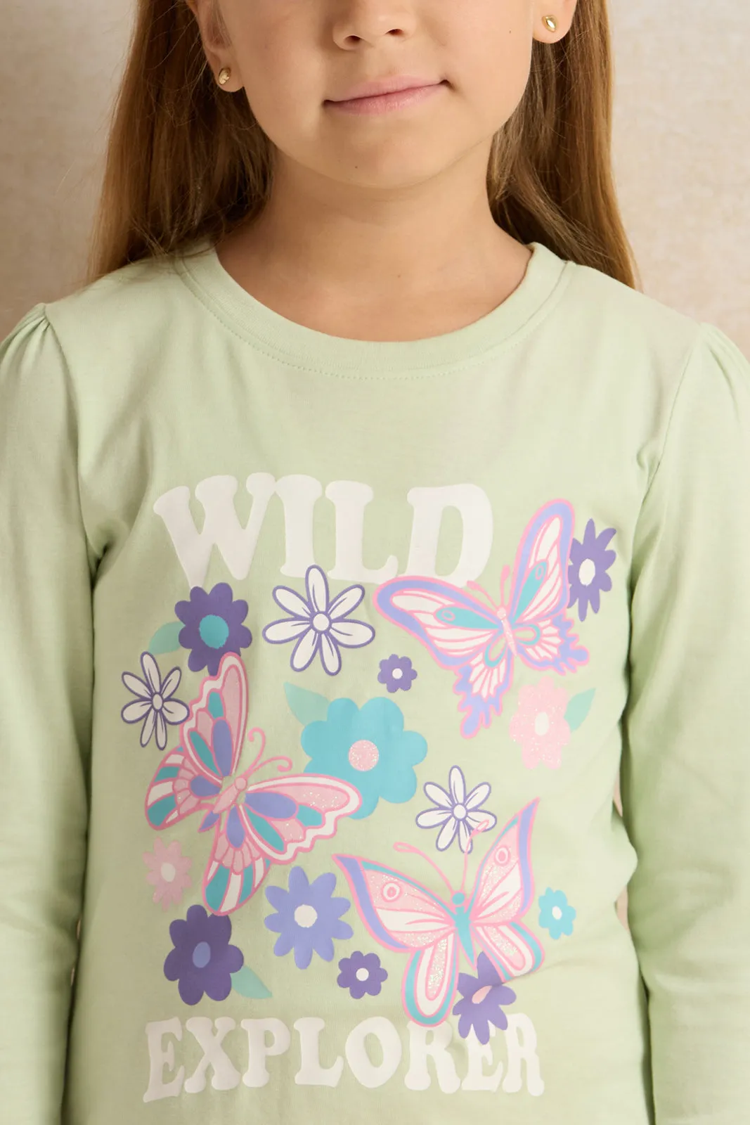 Girls Green Printed  T-shirt