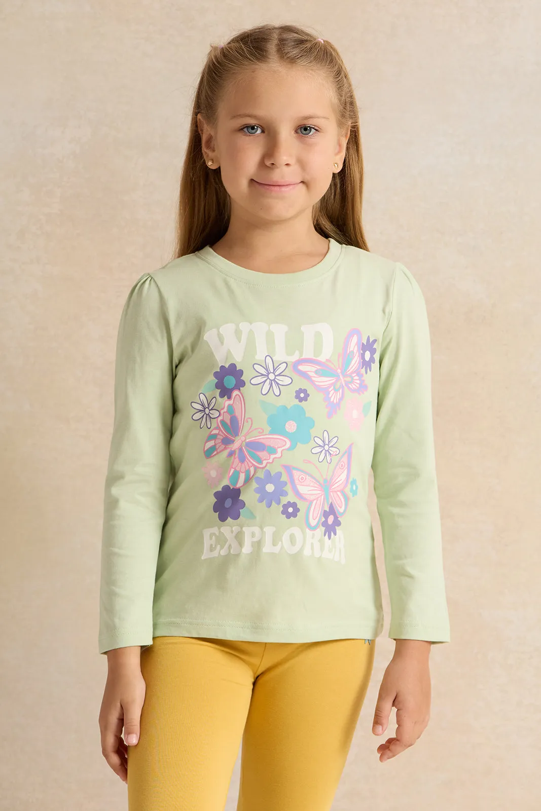 Girls Green Printed  T-shirt