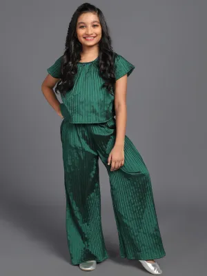 Girl's Green Taffeta Pleated Design Top With Palazzo Set - Aks Girls