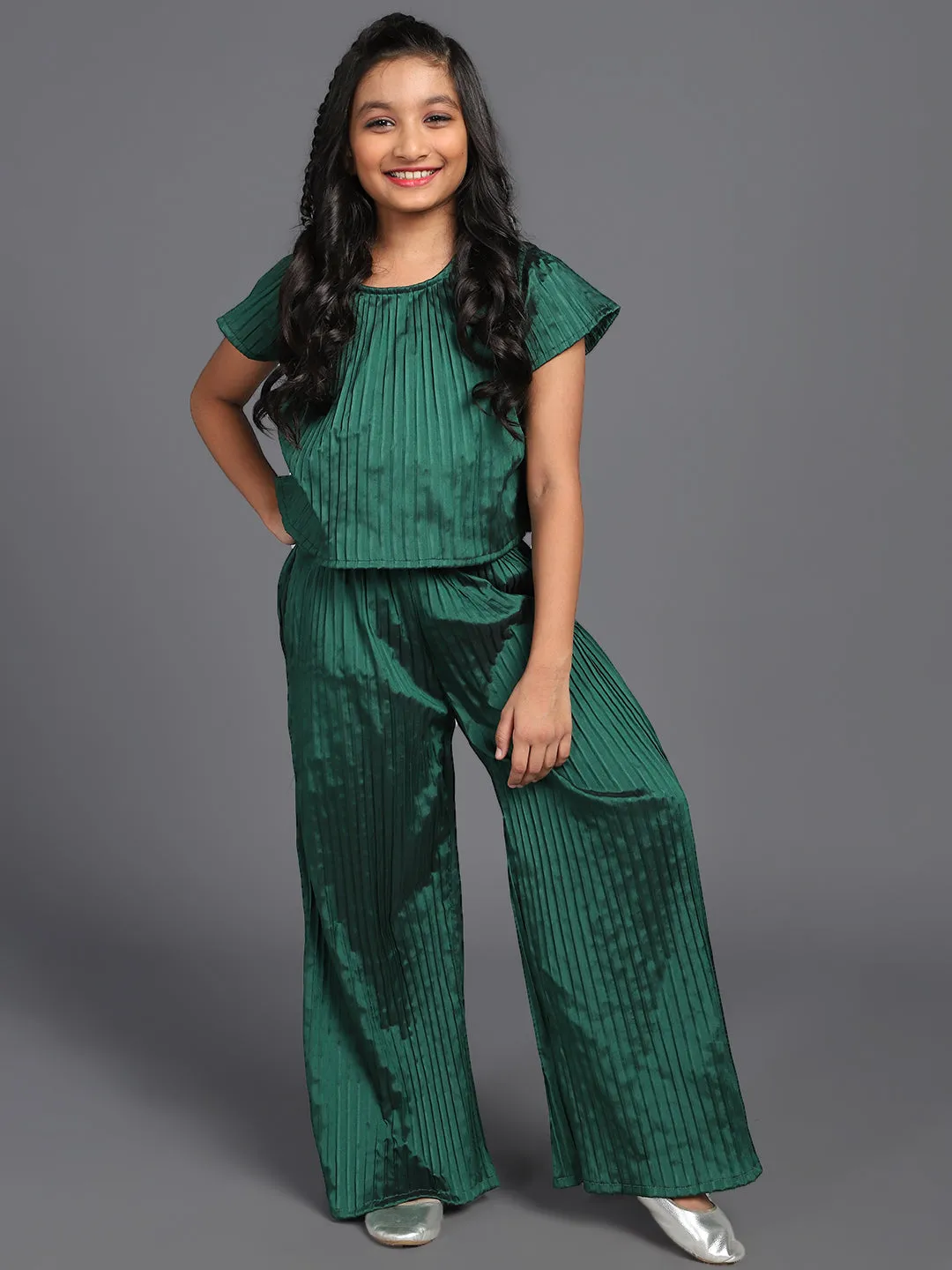 Girl's Green Taffeta Pleated Design Top With Palazzo Set - Aks Girls