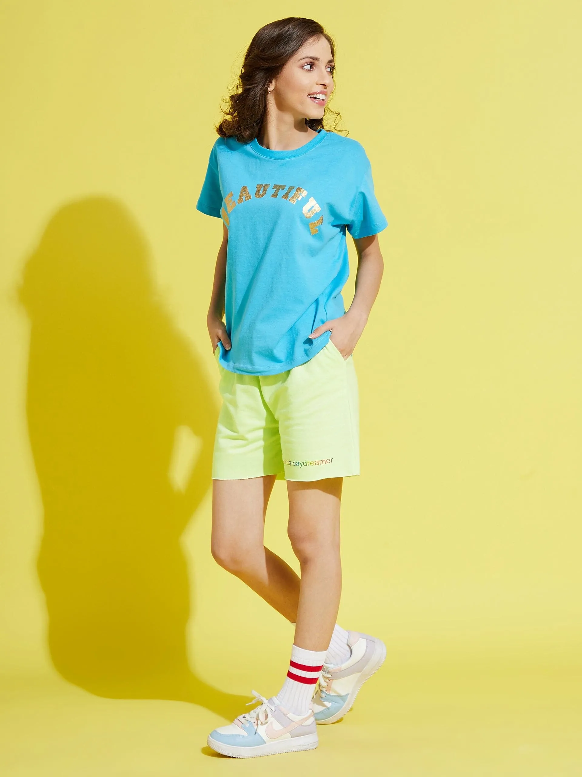 Girls Green Terry Full-Time-Day-Dreamer Baseball Shorts - Lyush Kids