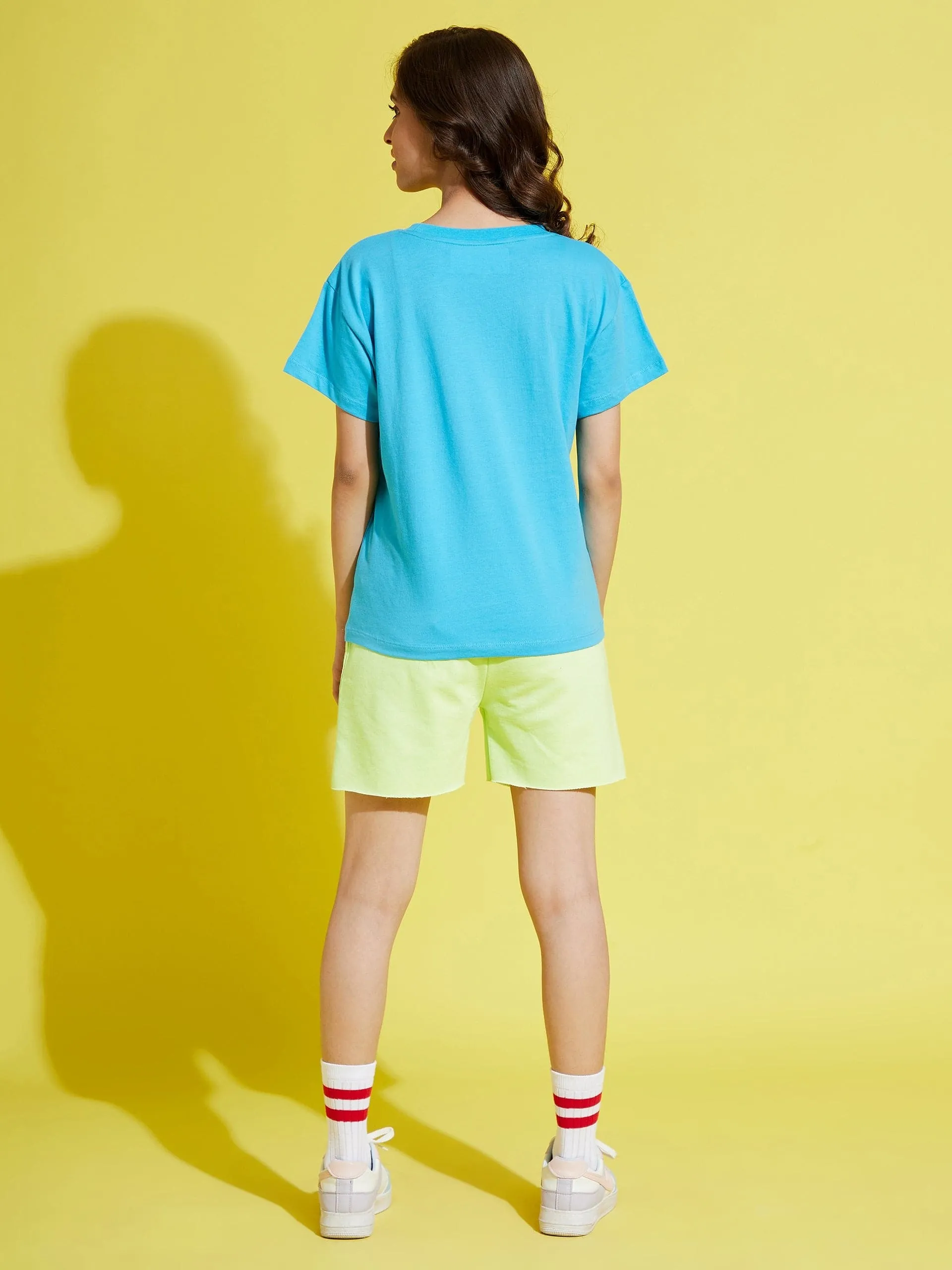 Girls Green Terry Full-Time-Day-Dreamer Baseball Shorts - Lyush Kids