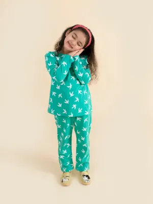 Girls Green White Bird Printed Night Suit - Ps Peaches