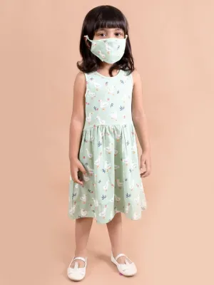 Girls Green White Printed Dress - Ps Peaches