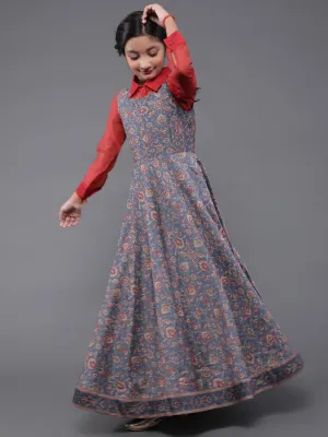 Girl's Grey & Maroon Chanderi Printed Maxi With Organza Shirt - Aks Girls