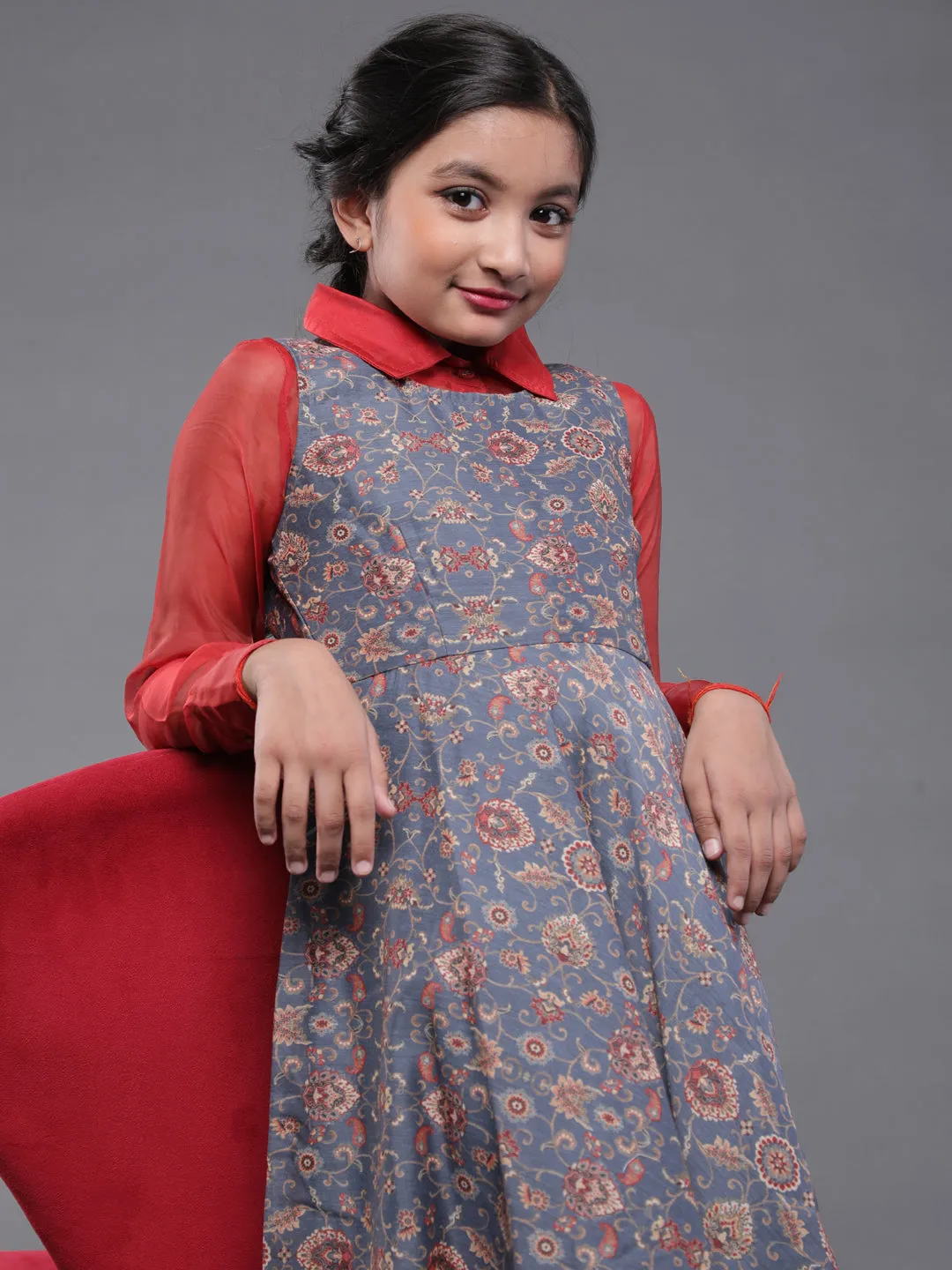 Girl's Grey & Maroon Chanderi Printed Maxi With Organza Shirt - Aks Girls