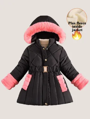 Girls' hooded fleece thickened outdoor cotton coat